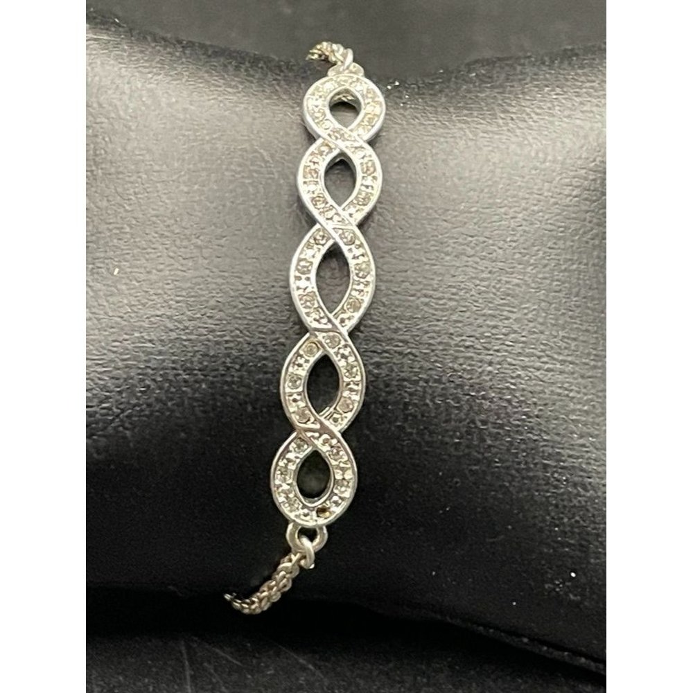 Silver Tone Intertwined Figure Eight Rhinestone Studded Bangle Bracelet L 7 In.